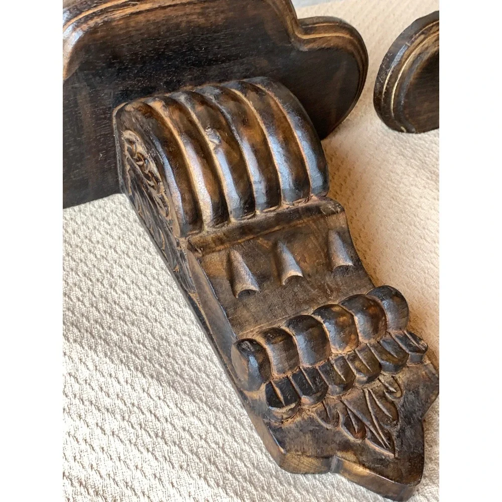Vintage Hand Carved Wood Wall Corbel Shelves Pair Dark Brown Architectural Decor